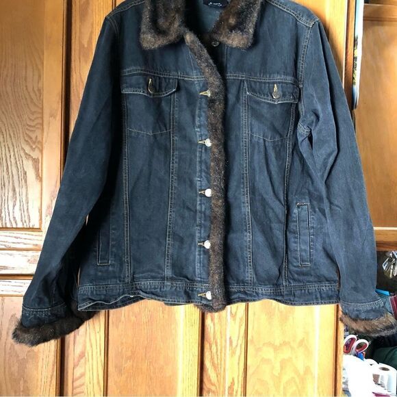 Dennis Basso Mob Wife Dark Denim Faux Fur Trim Jean Jacket - L - Picture 7 of 14